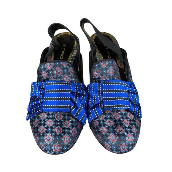 Etro Blue Bow Slingback Heels Sz 40 Brocade Suede Block Heels Made in Italy - Picture 7 of 8